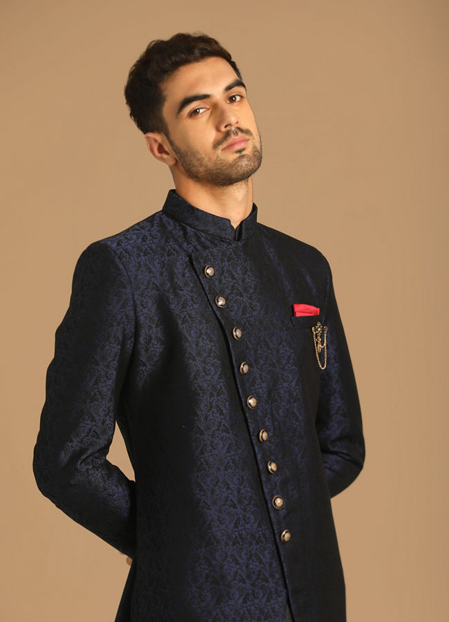 alt message - Manyavar Men Sophisticated Feroze Blue Indo Western image number 0